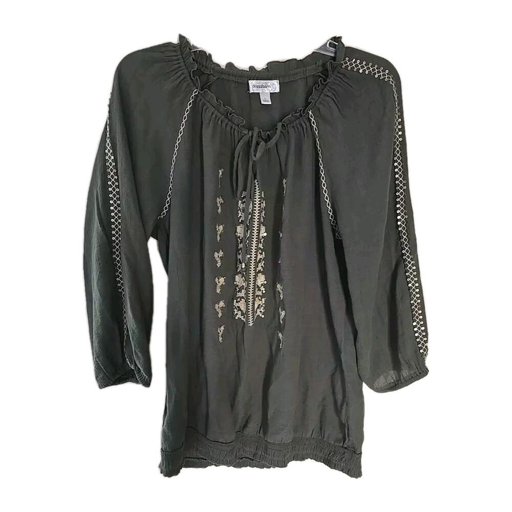 Dressbarn Green Embroidered‎ Sequin Tie Neck Boho Peasant Top Womans Size Large